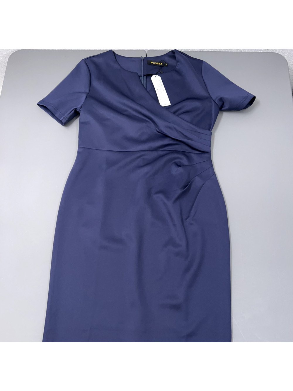 Woosea Dress Women XL Blue Twist Front Faux Wrap Knee Length Short Sleeve